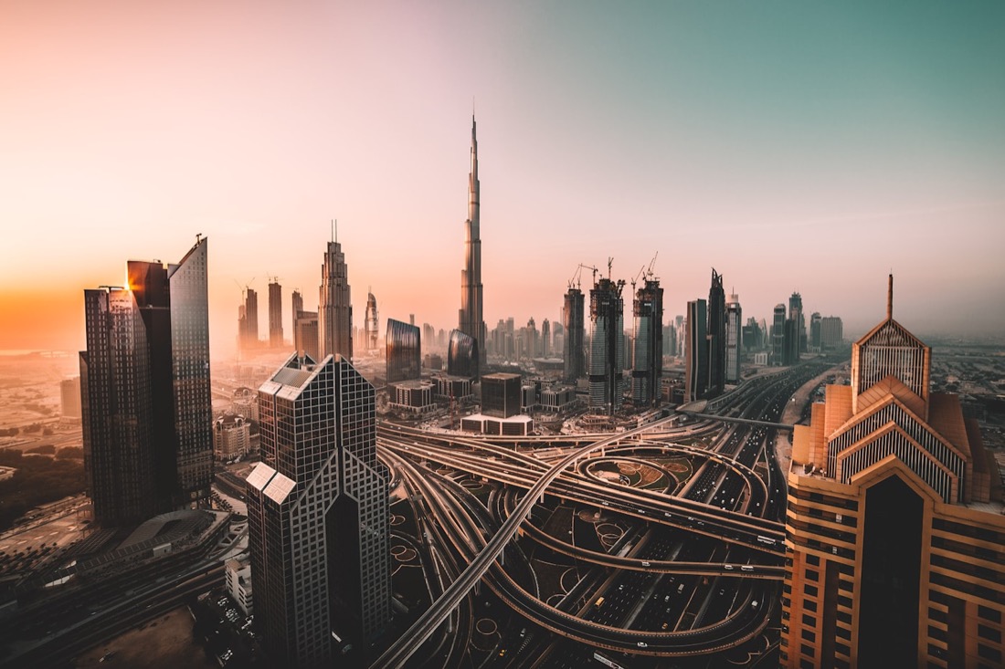 Dubai downtown skyline at sunset